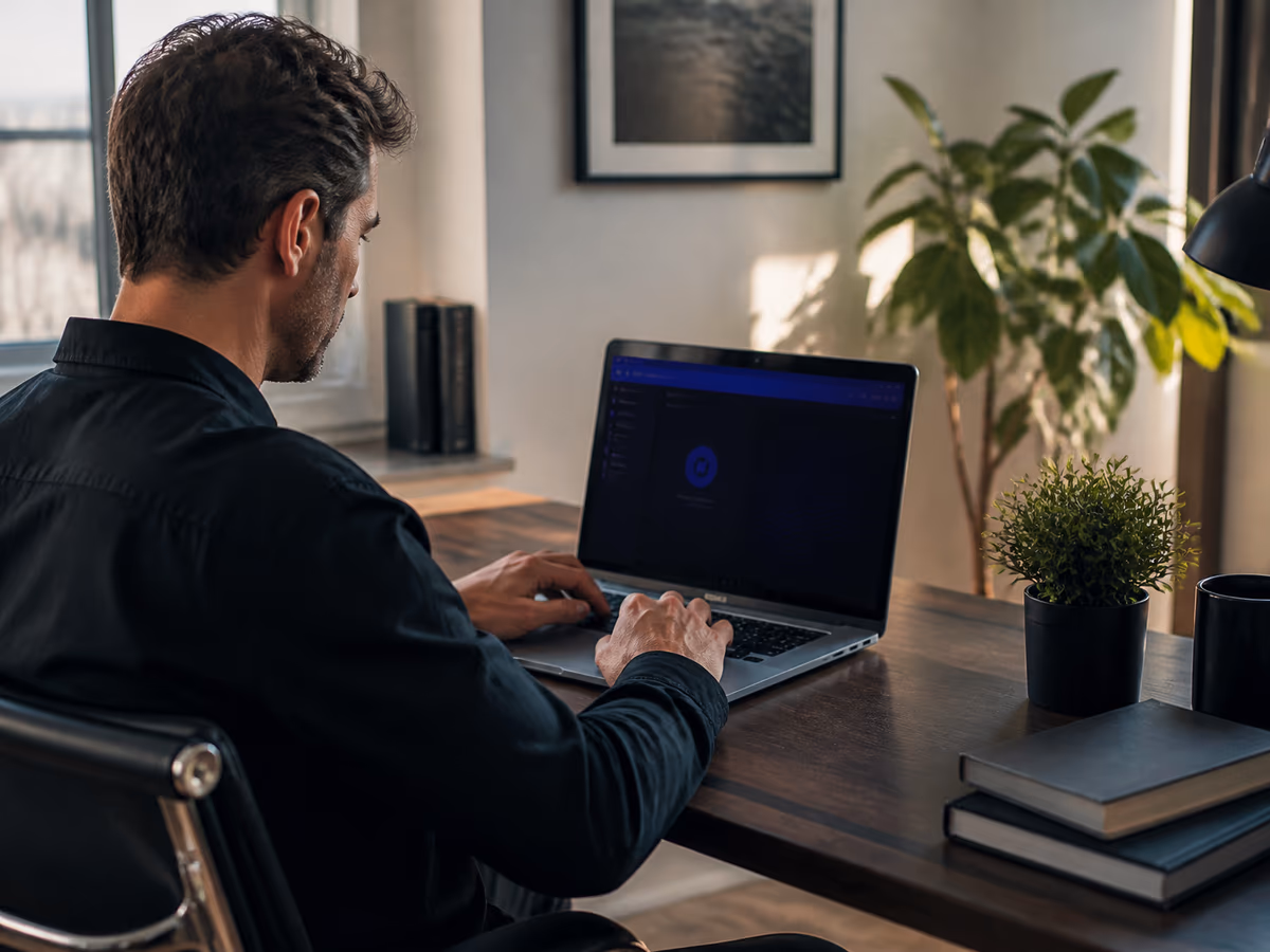 A person exploring .onion websites on a laptop in a cozy home office environment, showcasing safe dark web browsing.
