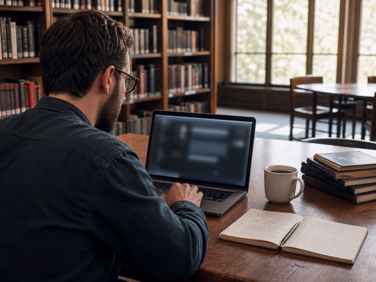 A researcher in a library exploring .onion links on a laptop, surrounded by books on privacy.
