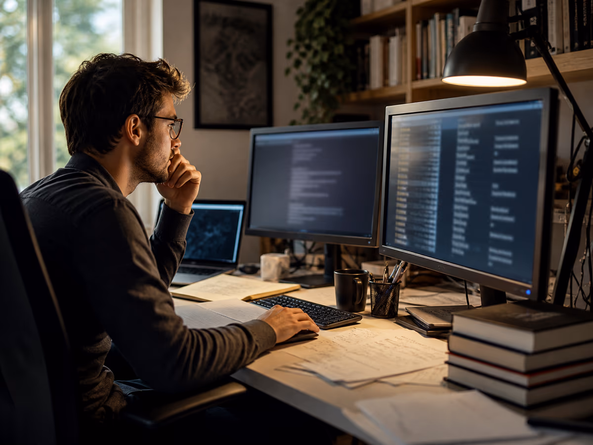 A researcher examines dark web resources at a desk with multiple screens and notes.