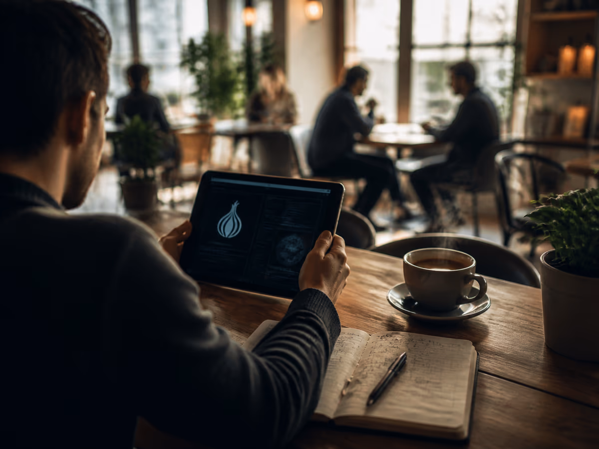 A person studying dark web sites on a tablet in a cafe, surrounded by casual cafe ambiance.