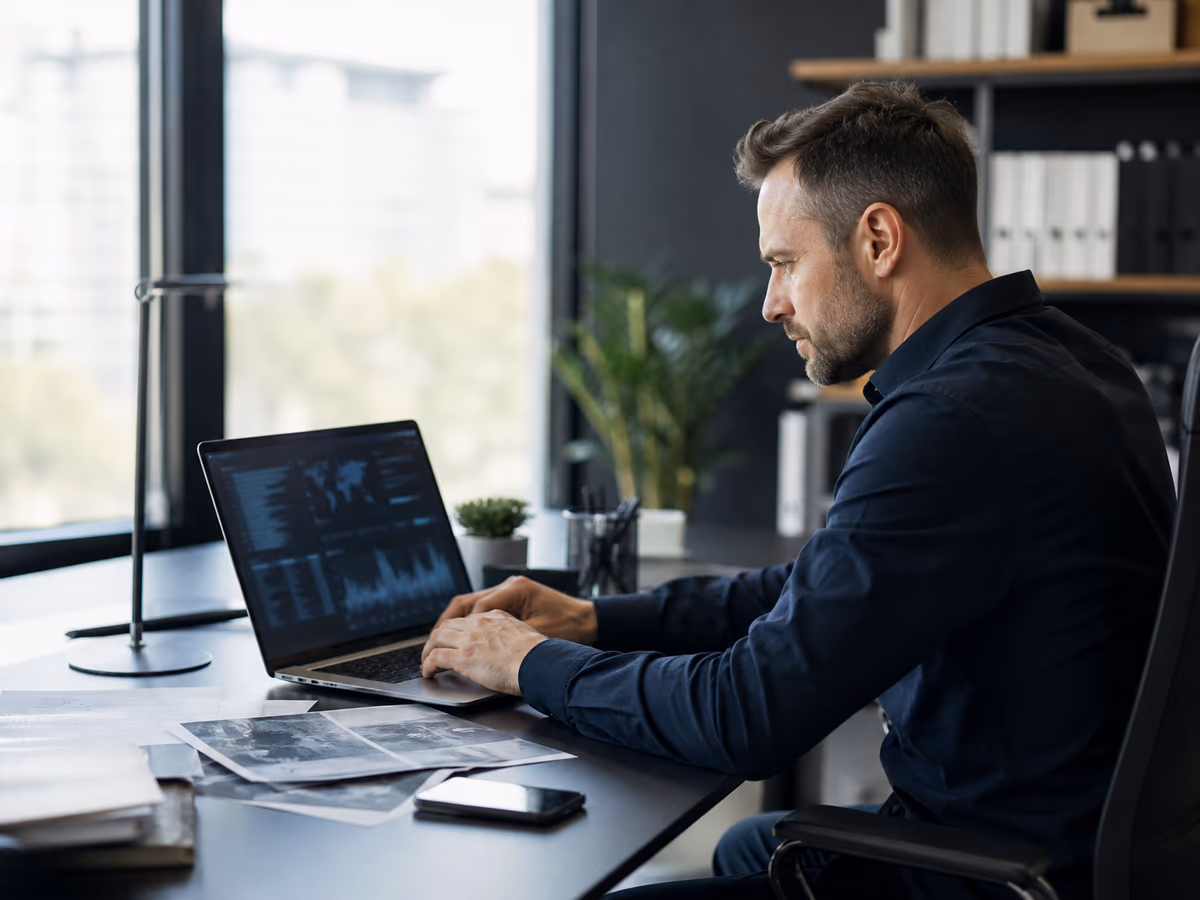 A person examining dark web hacking trends on a laptop in a contemporary office setting.