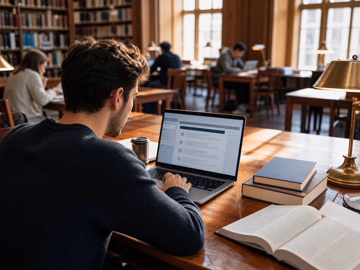 A researcher accessing unindexed academic databases in a university library setting.
