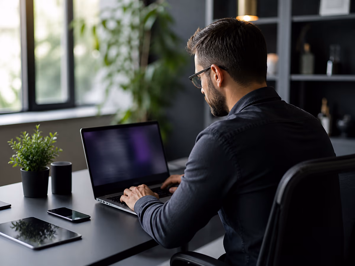 A person engaged in secure browsing using Tor Browser on a laptop in a modern office setting.