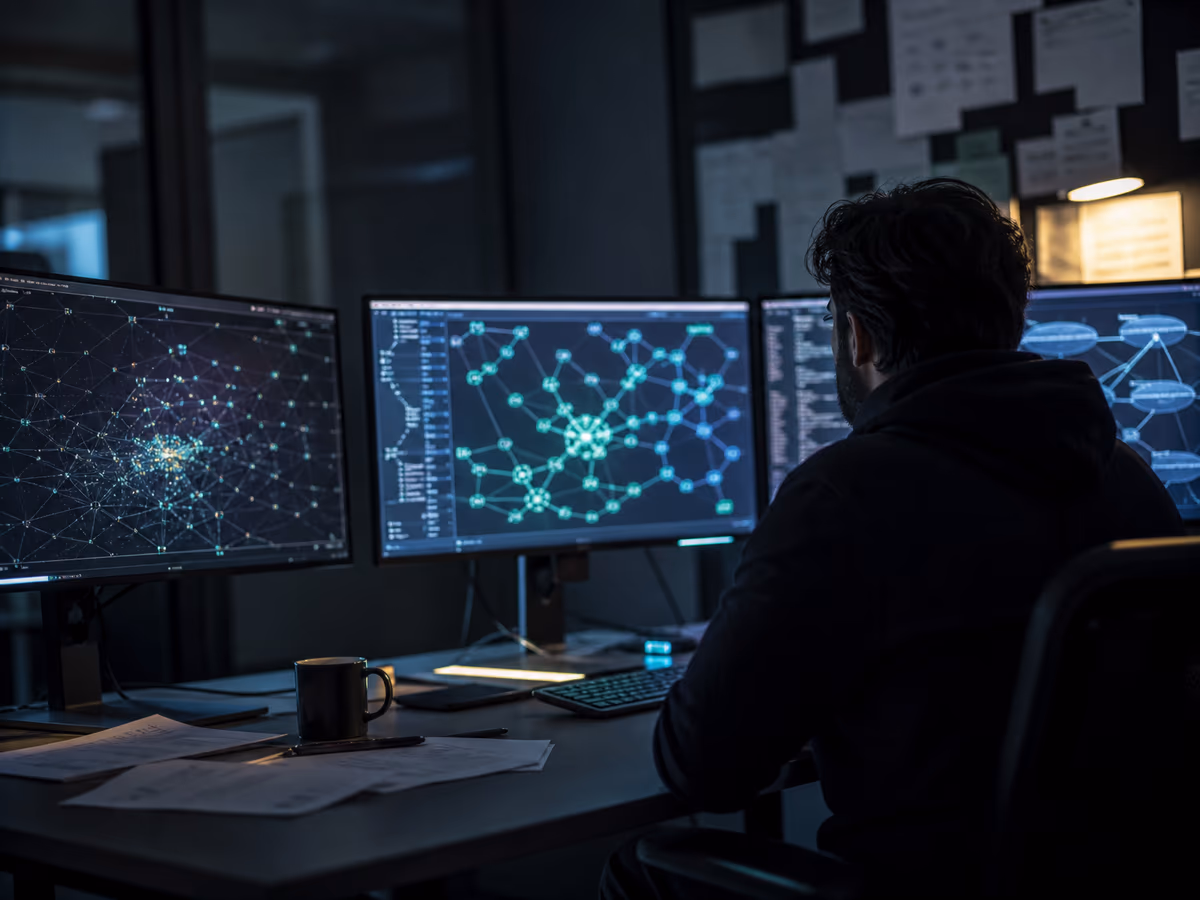 A researcher analyzing dark web traffic on multiple monitors, emphasizing the complexity of IP address management.