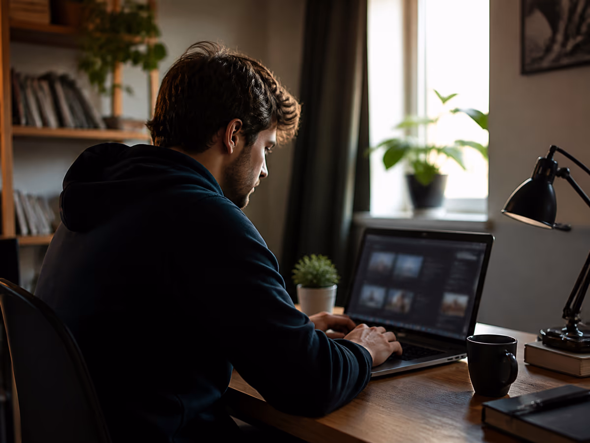 A person engaged in research on dark web resources in a comfortable home office environment, surrounded by books and plants.