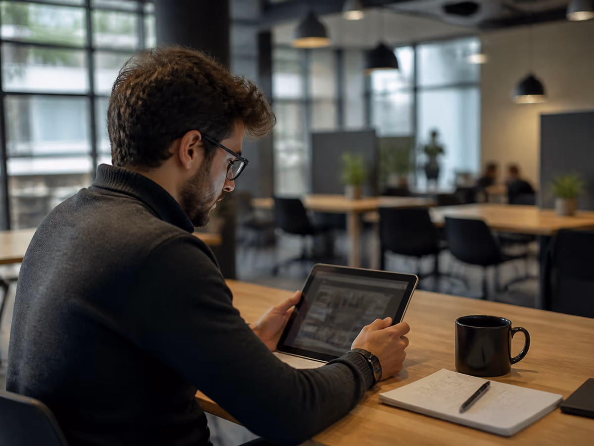 A researcher in a modern co-working space analyzing dark web search tools on a tablet.