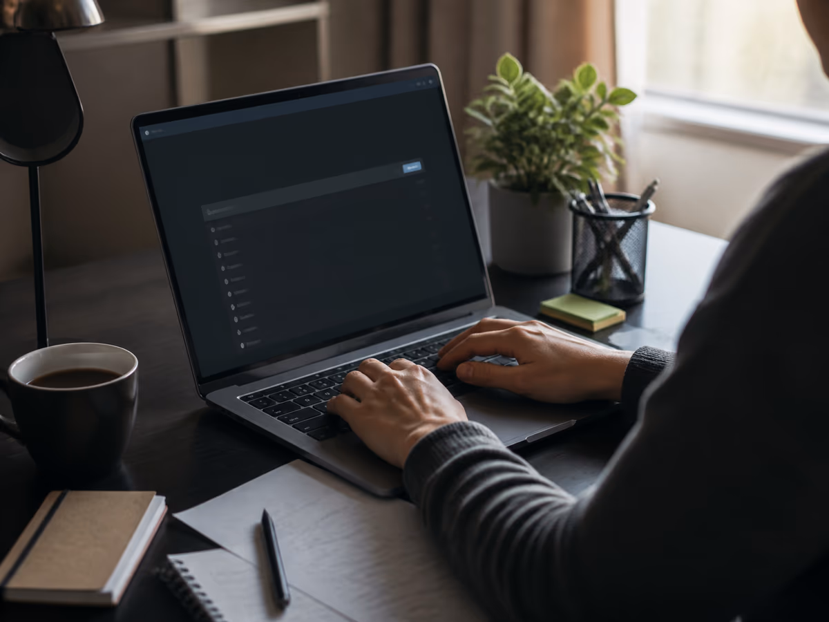 A user interacts with the Ahmia search engine on their laptop in a bright workspace, highlighting safer dark web navigation.