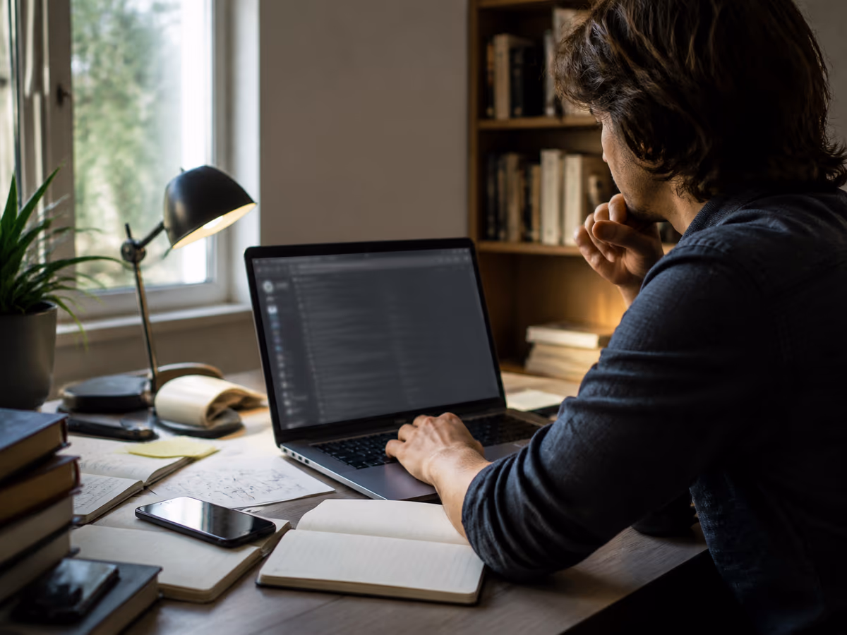A researcher analyzing the Hidden Wiki's directory on a laptop in a modern office setting, focused on safety and reliability.