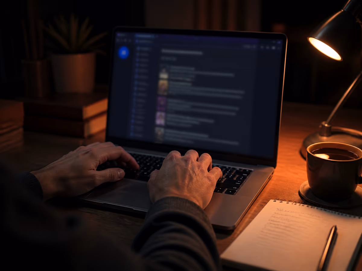 A person carefully using a laptop to explore adult onion links in a safe home environment.