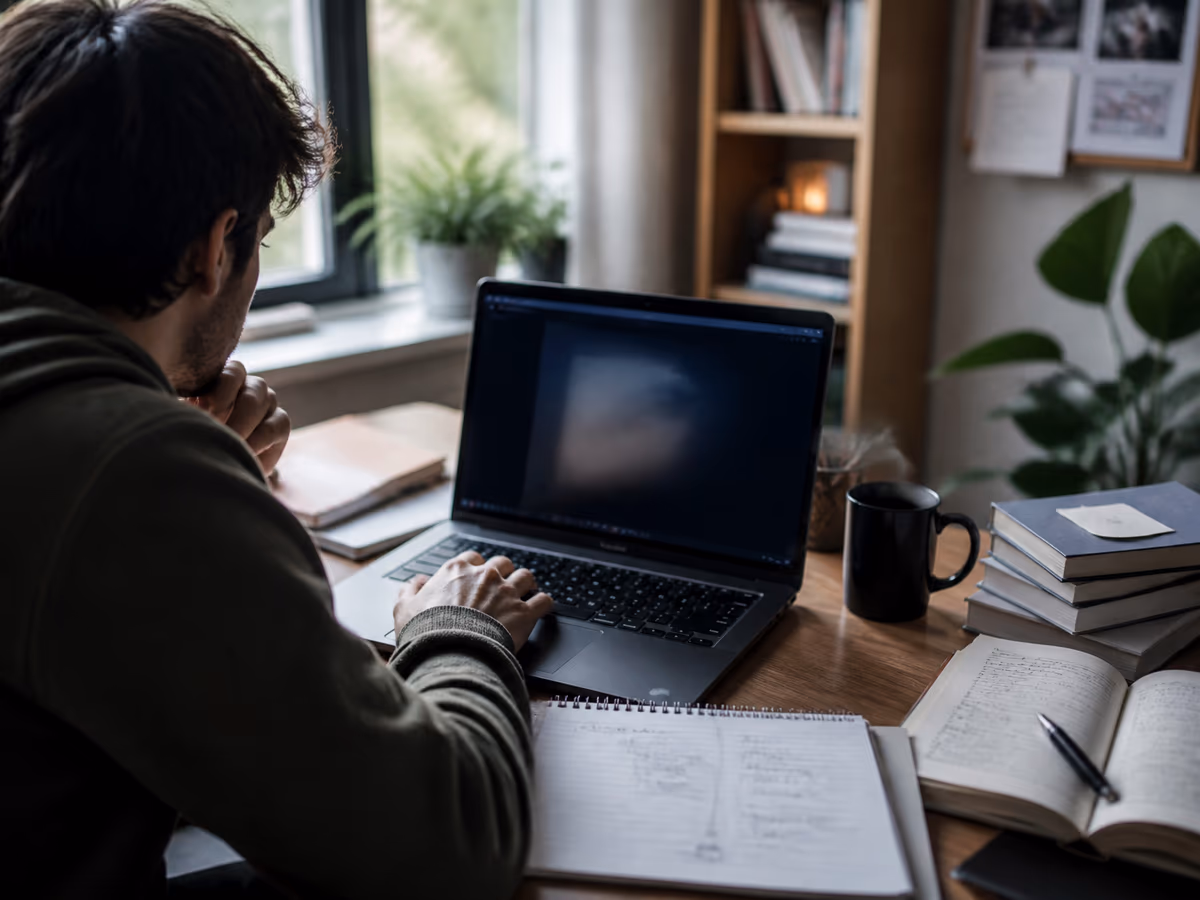 A researcher studying the Hidden Wiki on a laptop in a bright home office, surrounded by notes and books.