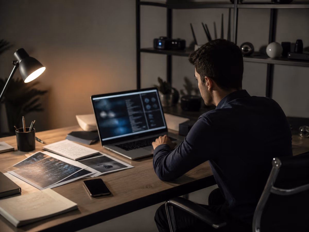 A researcher engaged in exploring tools and resources of the deep web in a focused office environment.