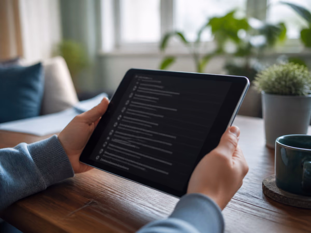 A person exploring .onion addresses on a tablet in a cozy living room, illustrating engagement with the dark web.