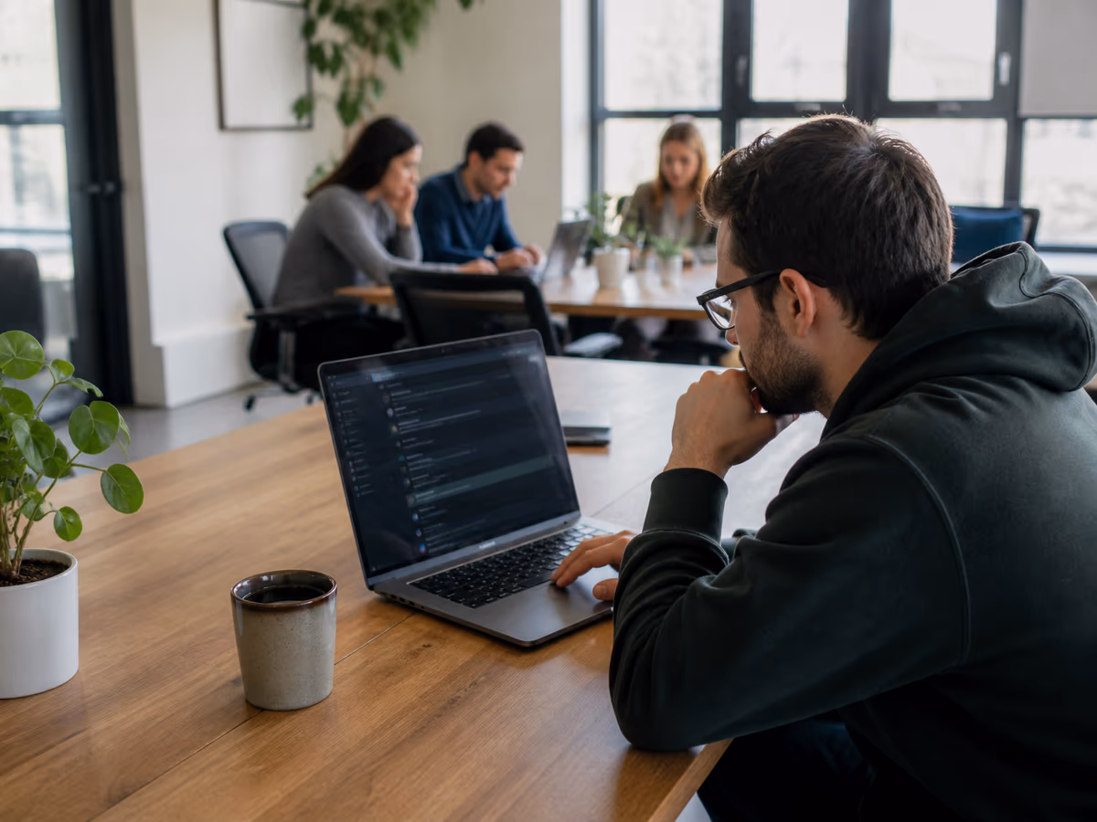 A researcher analyzing dark web Reddit discussions in a collaborative workspace, highlighting community insights.