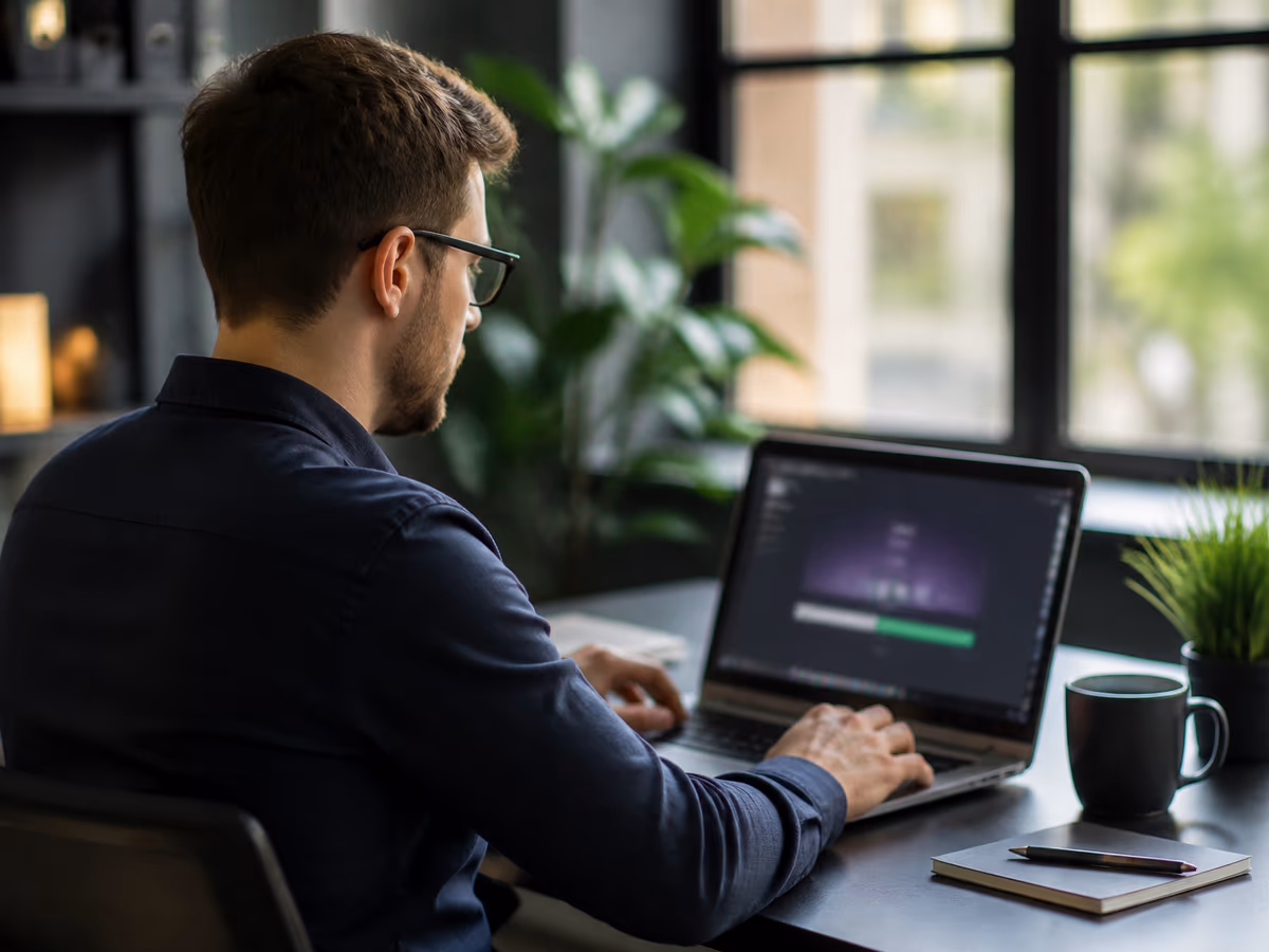 A person downloading Tor Browser in a contemporary office setting, emphasizing safe access to hidden content.