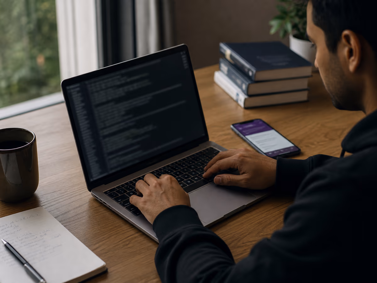 A person ensuring the safety of a Tor Browser download with a laptop and smartphone in a bright workspace.