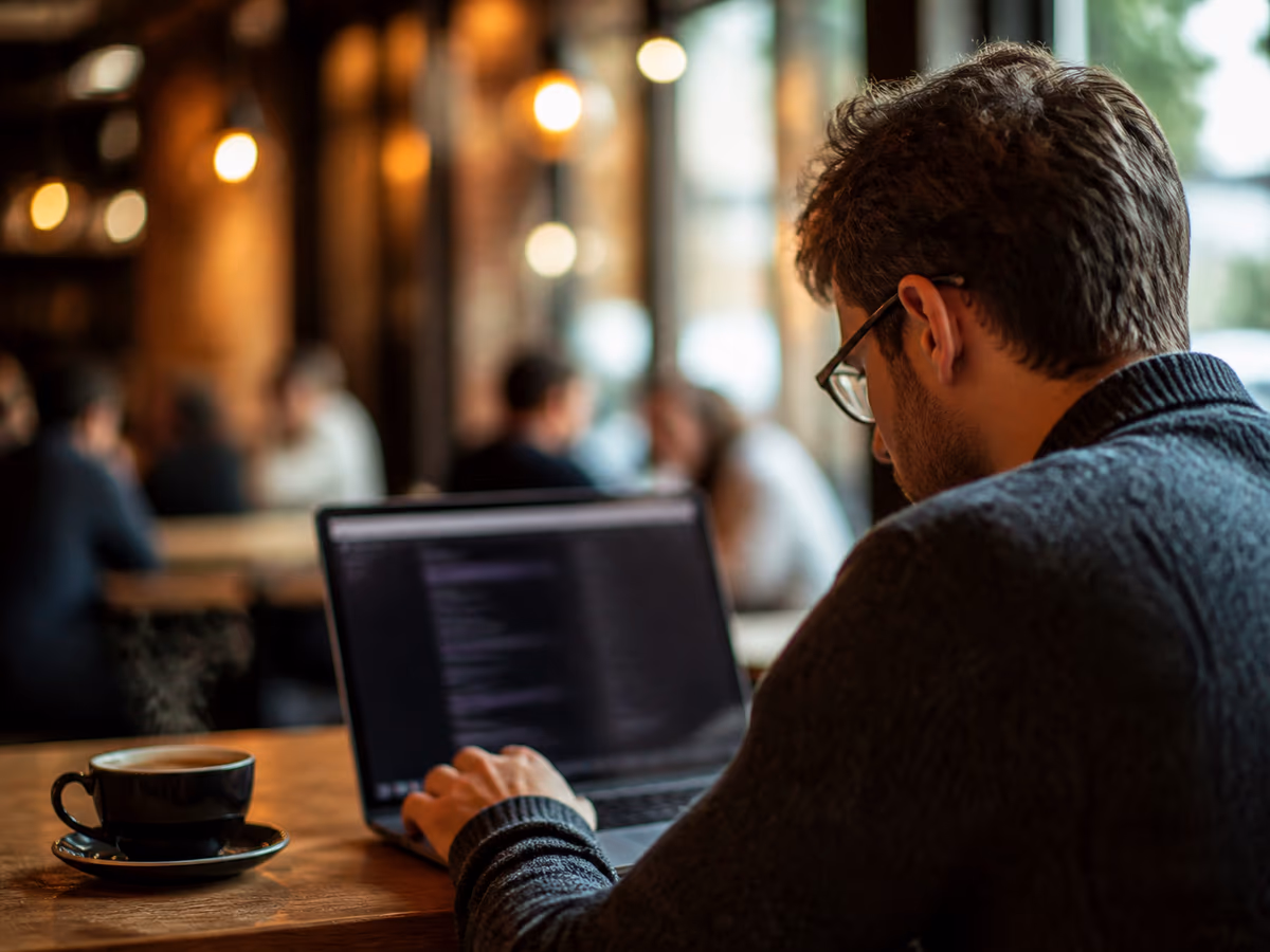 A person exploring Tor site links on a laptop in a cozy cafe, emphasizing dark web navigation.