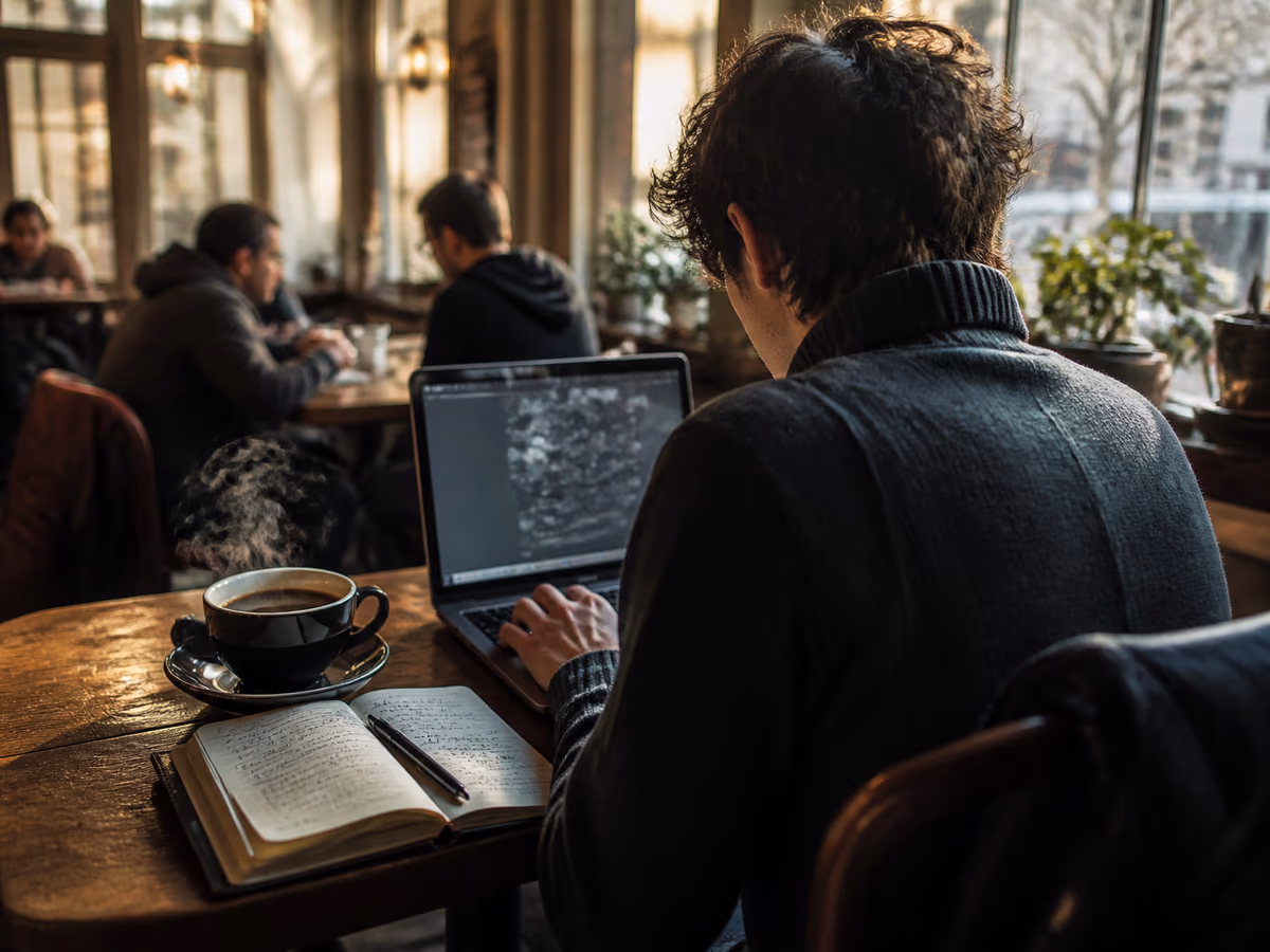 A person focused on their laptop, exploring .onion links in a cozy cafe environment.
