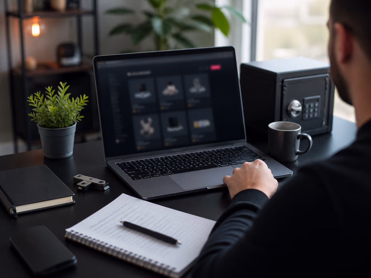 A person studying security measures for dark web shopping in a modern office setting.