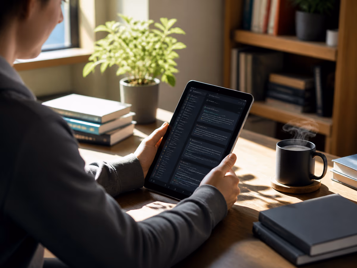 A person analyzing Hidden Wiki discussions on a tablet in a bright, modern workspace