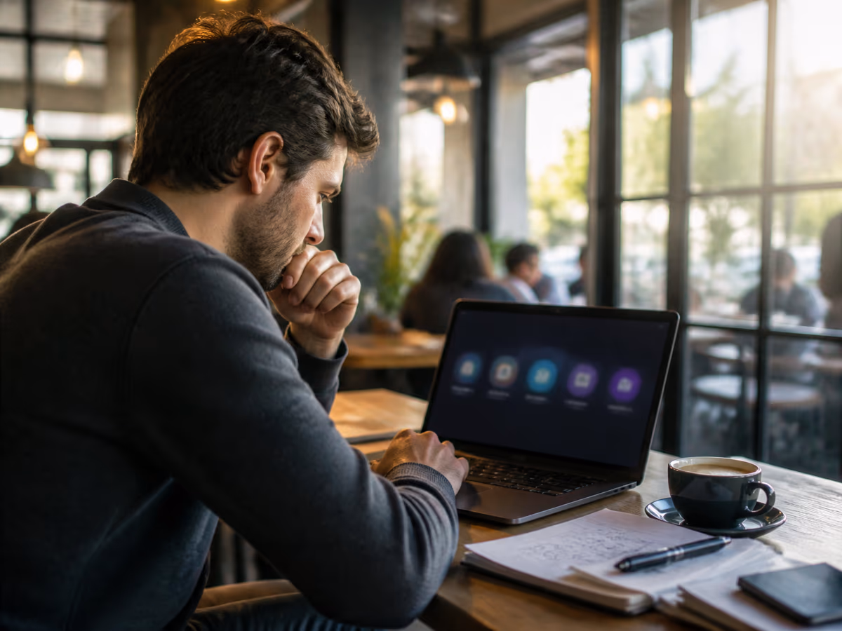 A researcher at a cafe analyzing deep web browsers on a laptop, surrounded by notes and coffee.