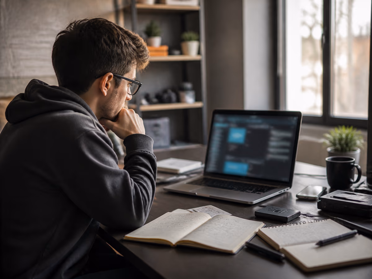 A focused individual examining dark web tools on a laptop in a contemporary workspace.