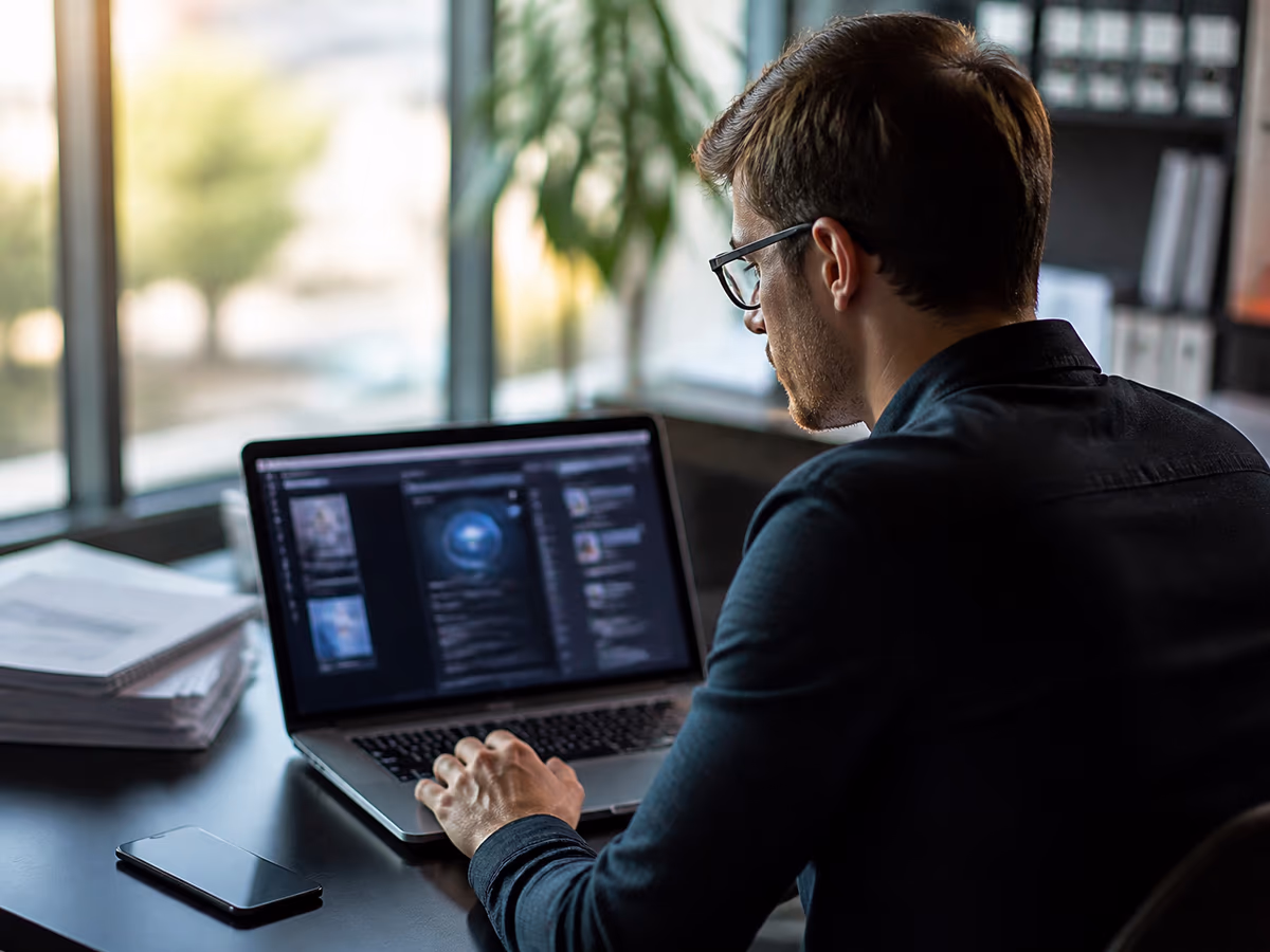 A researcher in a modern office using a laptop to access deep web search tools securely.
