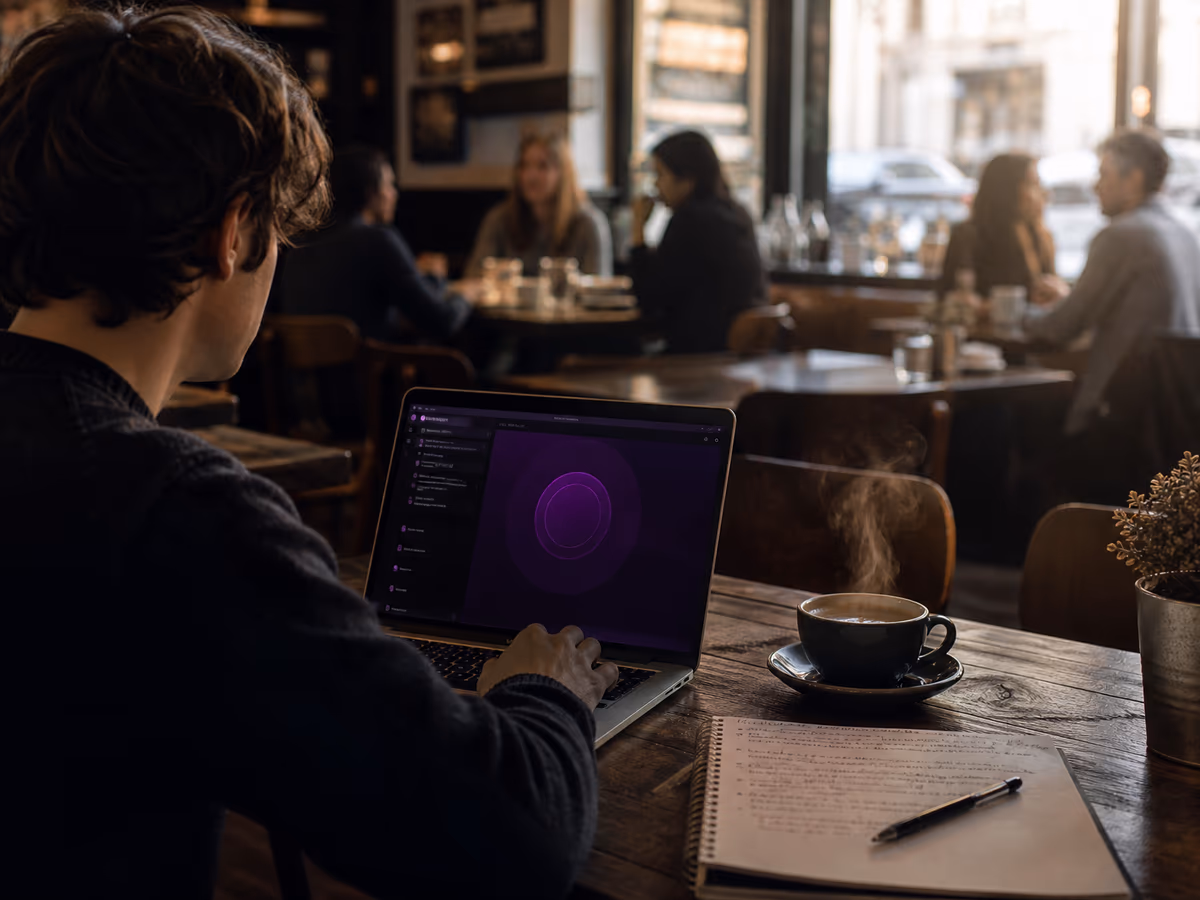 A researcher navigating the Tor Browser in a cozy café, surrounded by everyday life.