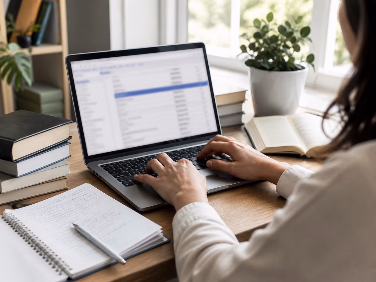 A researcher in a home office accessing academic databases on a laptop, illustrating deep web resources.